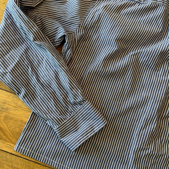 Woman’s Up-Cycled Ruffle Collar Blue Striped Button-Down Shirt with Pocket - Picture 5 of 9